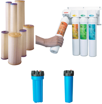 Water filter product line including pleated sediment cartridges, a 3-stage wall-mount filter system, and blue big blue filter housings — installed by Clear Solution Services in Conroe and Montgomery, Walker, Grimes and Houston Counties TX