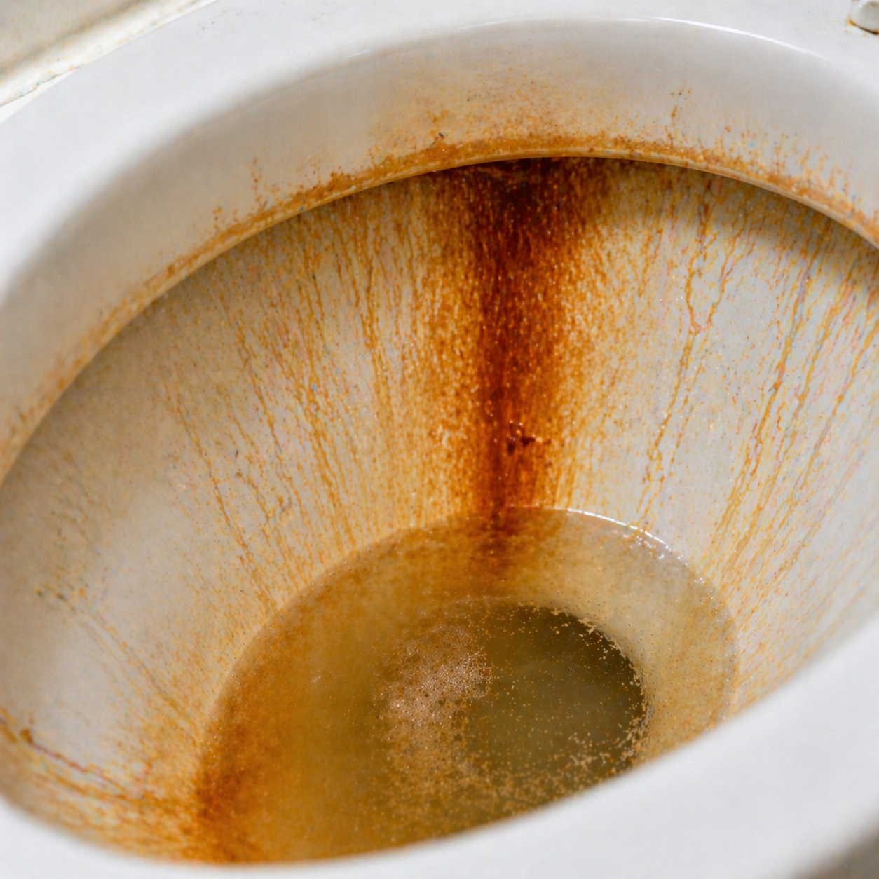 White toilet bowl with severe orange and brown rust streaks caused by dissolved iron in Southeast Texas well water — eliminated with an iron filter system by Clear Solution Services in Conroe TX