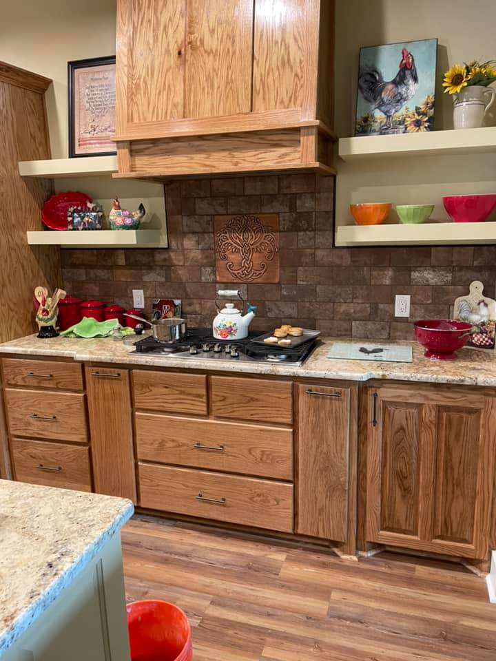Natural stone tile backsplash kitchen remodel installed in Comanche TX — tile work by Heart of Texas Flooring