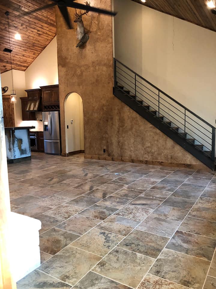 Large-format porcelain tile flooring in a Central Texas great room — tile installation by Heart of Texas Flooring Brownwood TX