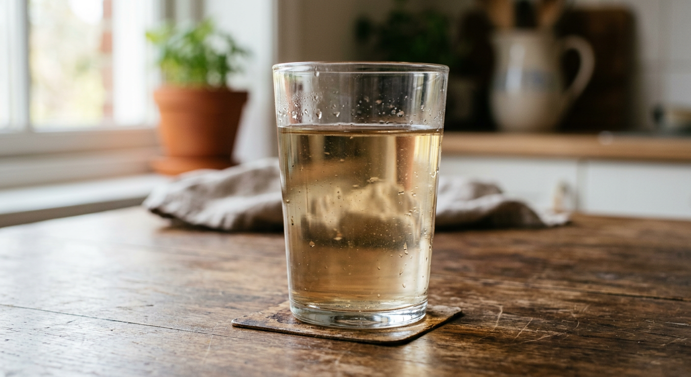 Glass of water with pinkish tea-colored tint caused by tannins leaching from organic matter — a common well water problem in Southeast Texas treated by Clear Solution Services